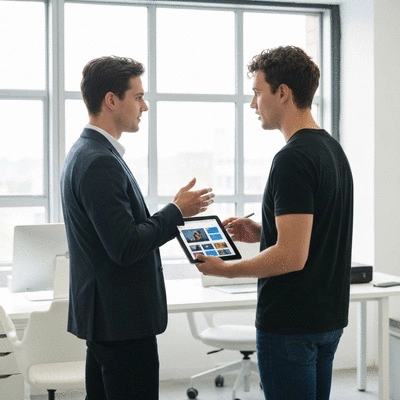 Professional web designer discussing project with client on a tablet in a modern office, showcasing website mockups and tools