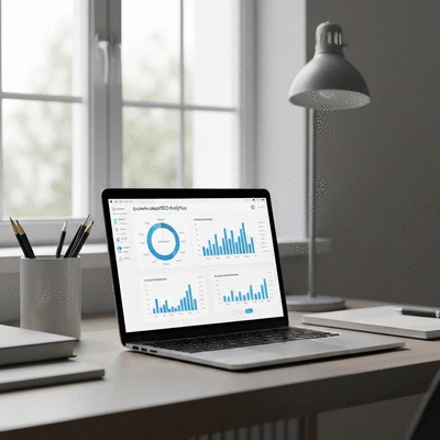 Modern workspace with a laptop showing e-commerce analytics charts