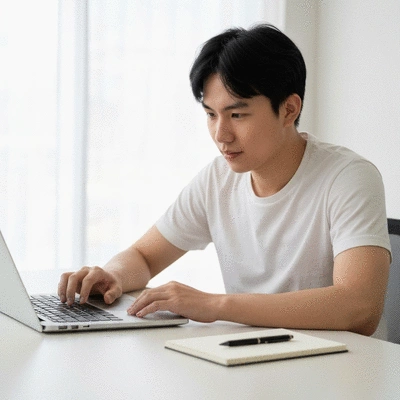 Person using a laptop to research web design agencies, with a notepad and pen nearby, clean desk, no text, no words, no typography, 8K, natural lighting