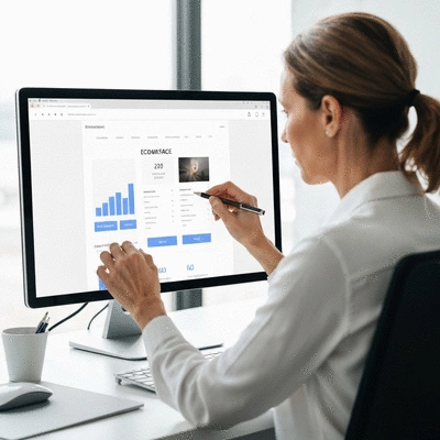 Professional web designer working on a clean ecommerce interface on a dual monitor setup