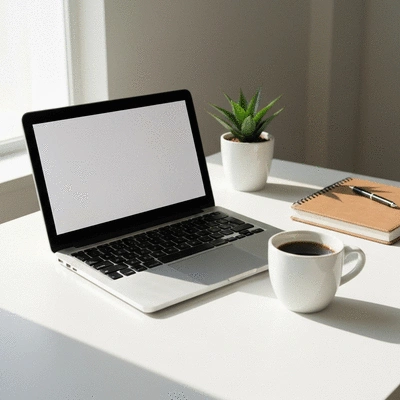 Modern workspace with laptop and coffee for digital marketing planning