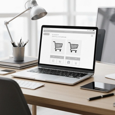 Modern professional workspace with a laptop showing a clean ecommerce dashboard and shopping cart icons