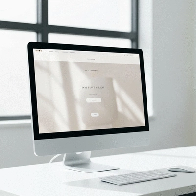 Modern minimalist website design on a desktop monitor in a bright office environment