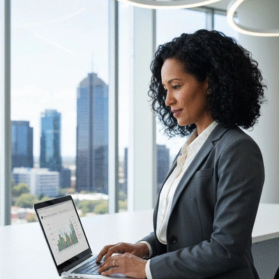 Canberra local business owner looking at laptop with city skyline in background