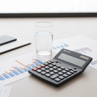 Professional workspace with a calculator, financial charts, and a glass of water, bright natural light