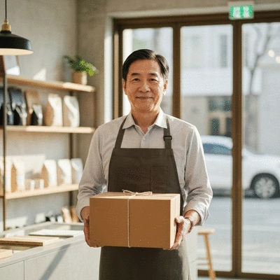 A small boutique owner smiling while holding a shipping package in a stylishly designed shop front