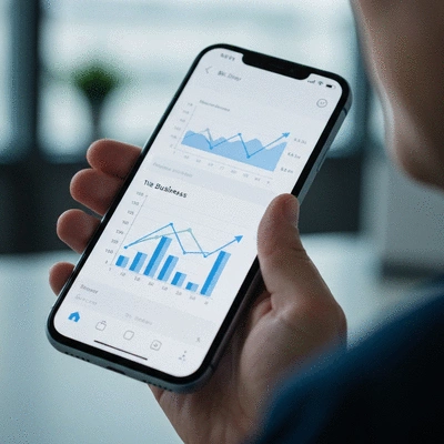 Close up of a professional hand holding a smartphone showing rising business growth charts