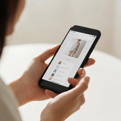 Person using a smartphone to browse an online store with a clean interface