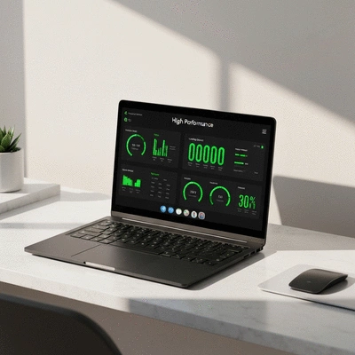 Modern laptop showing a high speed performance dashboard with green metrics
