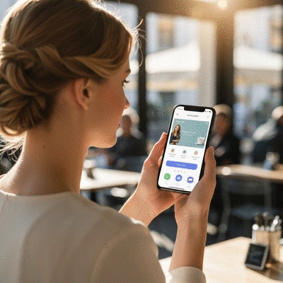 Close up of a person using a mobile phone to browse a modern, responsive website with high contrast elements