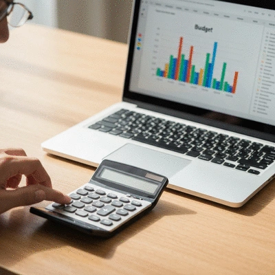Close up of a person using a calculator next to a laptop showing a budget spreadsheet on a bright wooden desk