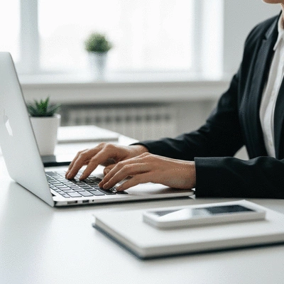 Person using a laptop to study keyword trends on a clean white desk