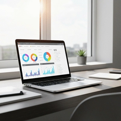 Modern office desk with laptop showing website analytics charts