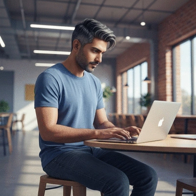 Modern web designer working on a laptop in a co-working space in Canberra, Australia
