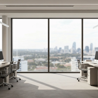 Modern office in Canberra with a view of the city landscape, professional atmosphere