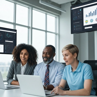 Modern office setting with diverse team collaborating on web design using AI tools