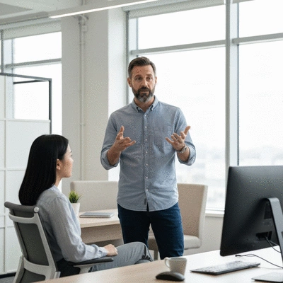 Professional web designer discussing website strategy with a client in a modern office, no text, no words, no typography, 8K, natural lighting