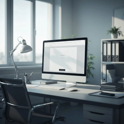 Modern workspace with a designer working on a clean website interface on a large monitor