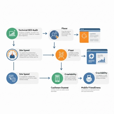 Detailed diagram showing the elements of a technical SEO audit, including site speed, crawlability, and mobile-friendliness, no text, no words, no typography, clean image