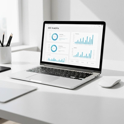 Modern workspace with a laptop showing SEO analytics data