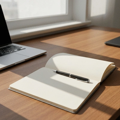 A clean desk with a notepad and a pen next to a laptop