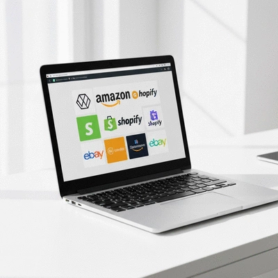 Modern laptop showing various ecommerce platform logos on a clean desk