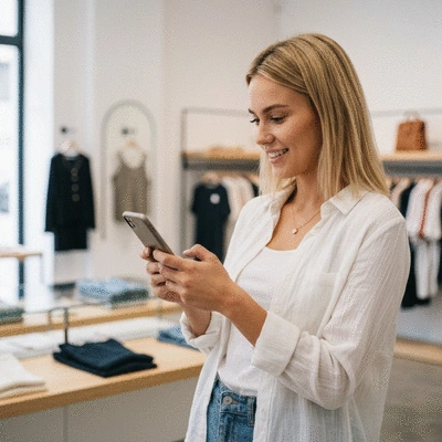 Modern retail store interior with a customer using a smartphone to browse the shop website